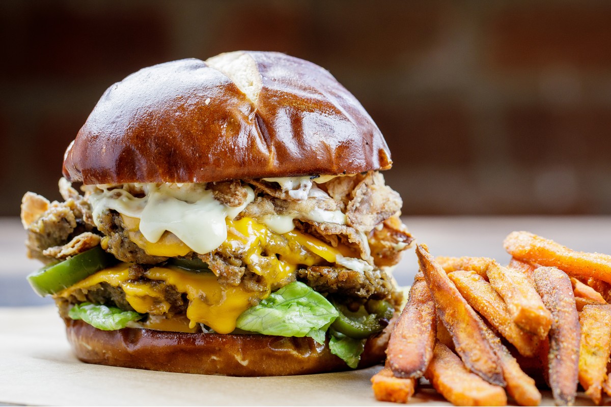 A Native Foods jalapeno popper burger and fries