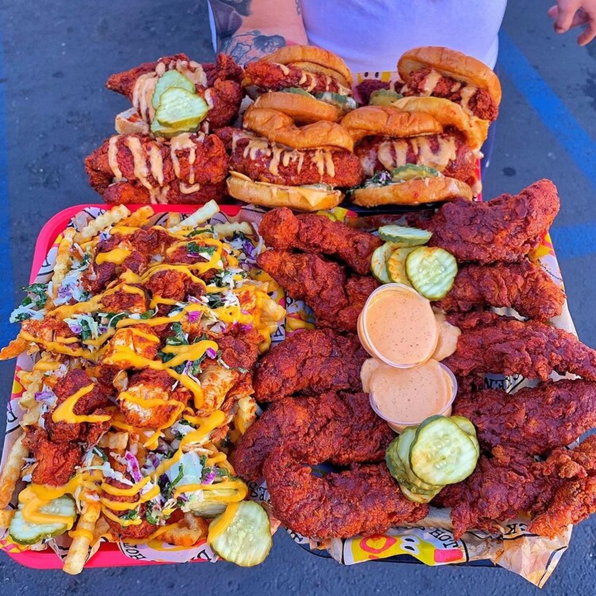 Dave's Hot Chicken tenders, fries, and patties