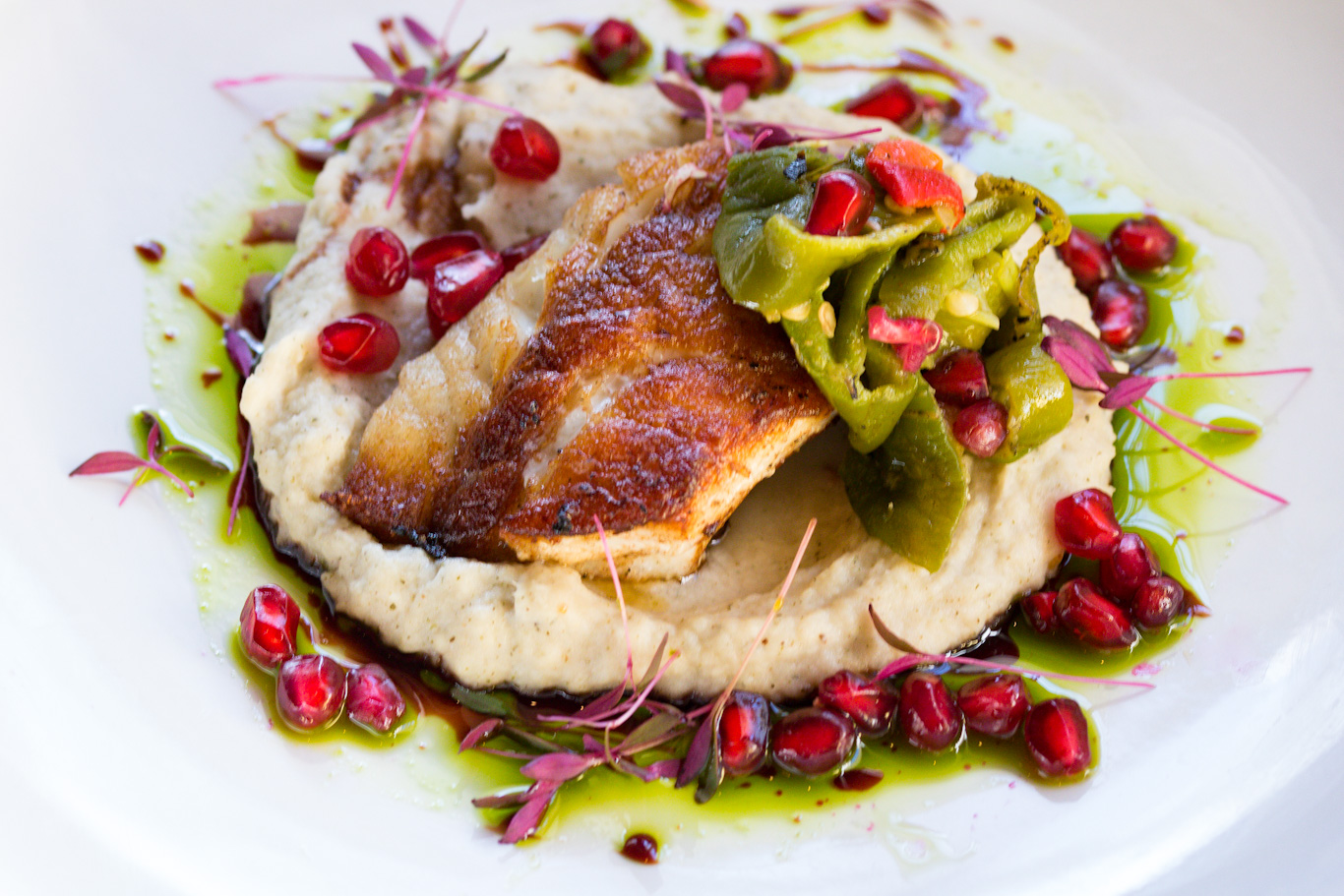 Grouper with parsnip puree, pomagranate, and roasted peppers.