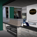 A rendering of a counter at the future Spread Bagelry, with the logo on the wall behind a cash register