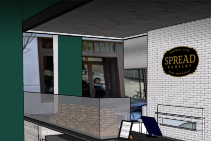 A rendering of a counter at the future Spread Bagelry, with the logo on the wall behind a cash register