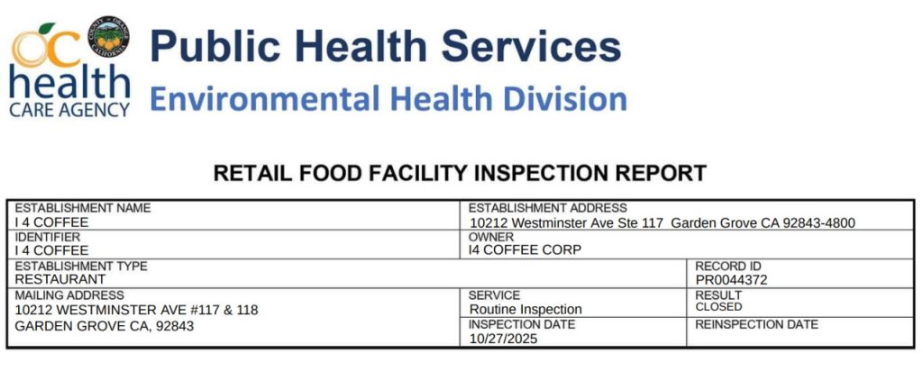 Official Inspection report screenshot of the i4 coffee