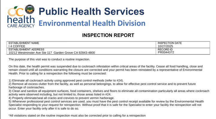 Inspection report screenshot of the i4 coffee