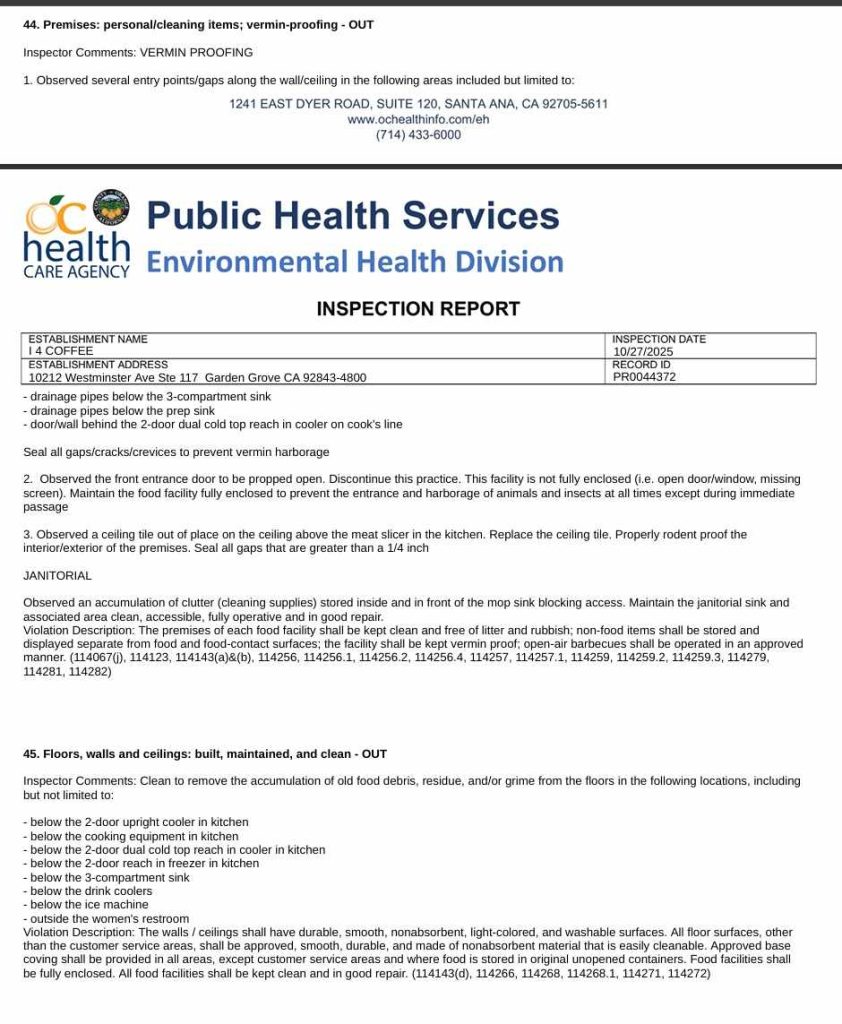 Official Inspection report screenshot of the i4 coffee