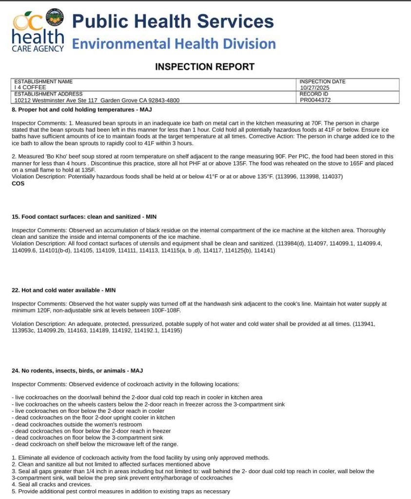 Screenshot from the Inspection report i4 coffee