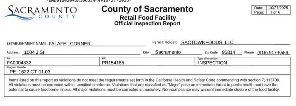 Falafel Corner inspection report