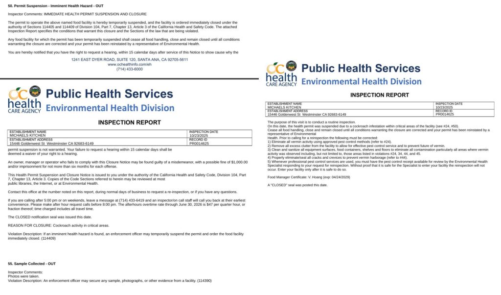 Michael's Kitchen in OC was closed after a recent health inspection