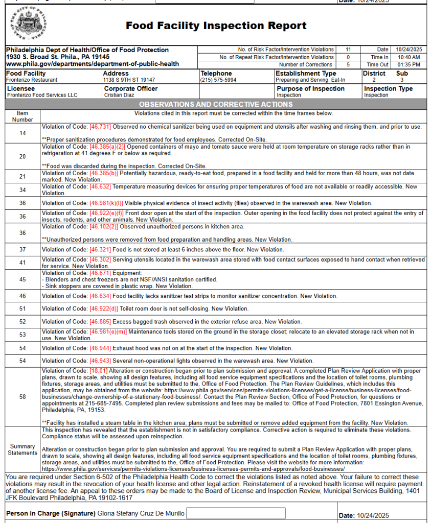 A screenshot of the violations noted at the restaurant