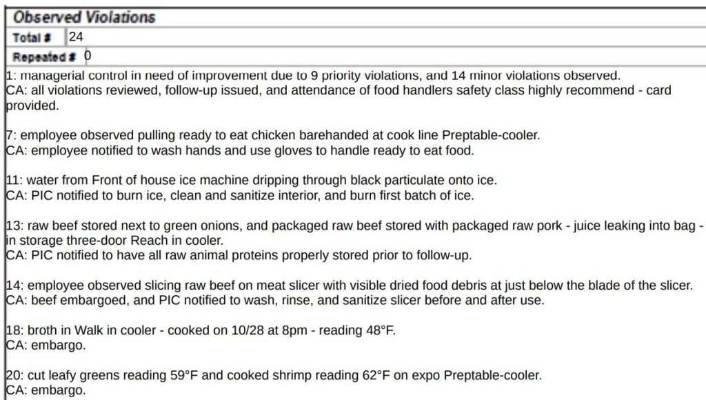 A screenshot from the Pho T&N inspection report