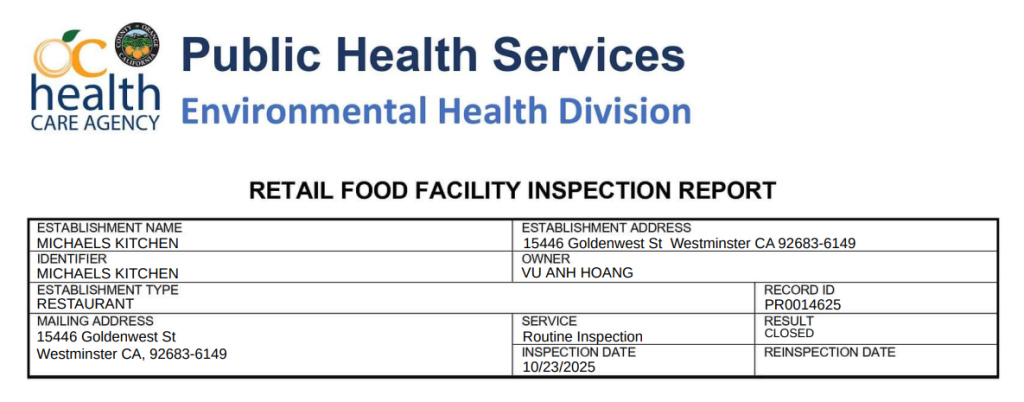 Michael's Kitchen in OC was closed after a recent health inspection