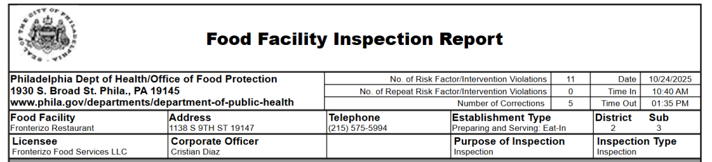 Screenshot of the food facility inspection report of Fronterizo Restaurant