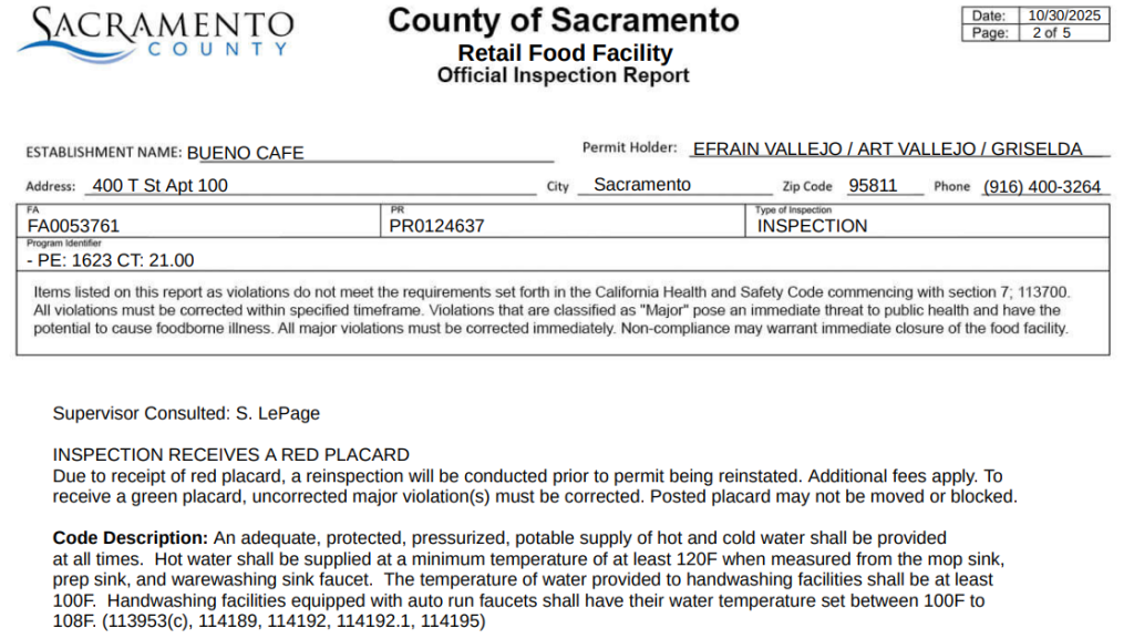 As per the report, the paper towel dispenser in the men’s restroom at Bueno Cafe was found to be taped.