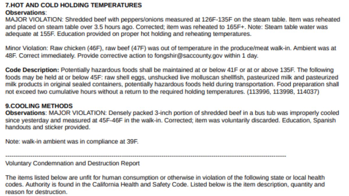 Inspectors found carnitas and birria consommé held improperly on the flat grill. The issue was corrected by using a double boiler for proper heating.