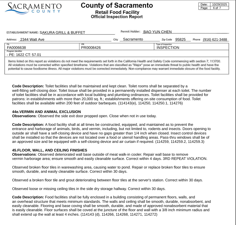 The side exit door at Sakura Grill & Buffet, which could lead to the entry of vermin, was mentioned in the report.