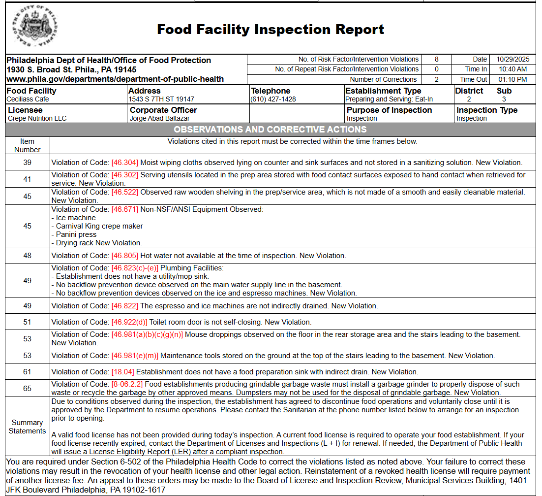 The report noted that plumbing facilities were lacking. There were no utility and mop sink present. There was no backflow prevention device on the main water supply line in the basement and on ice and espresso machines.