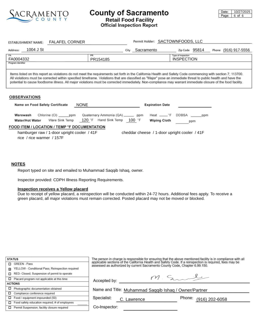 Falafel Corner inspection report for the follow-up inspection
