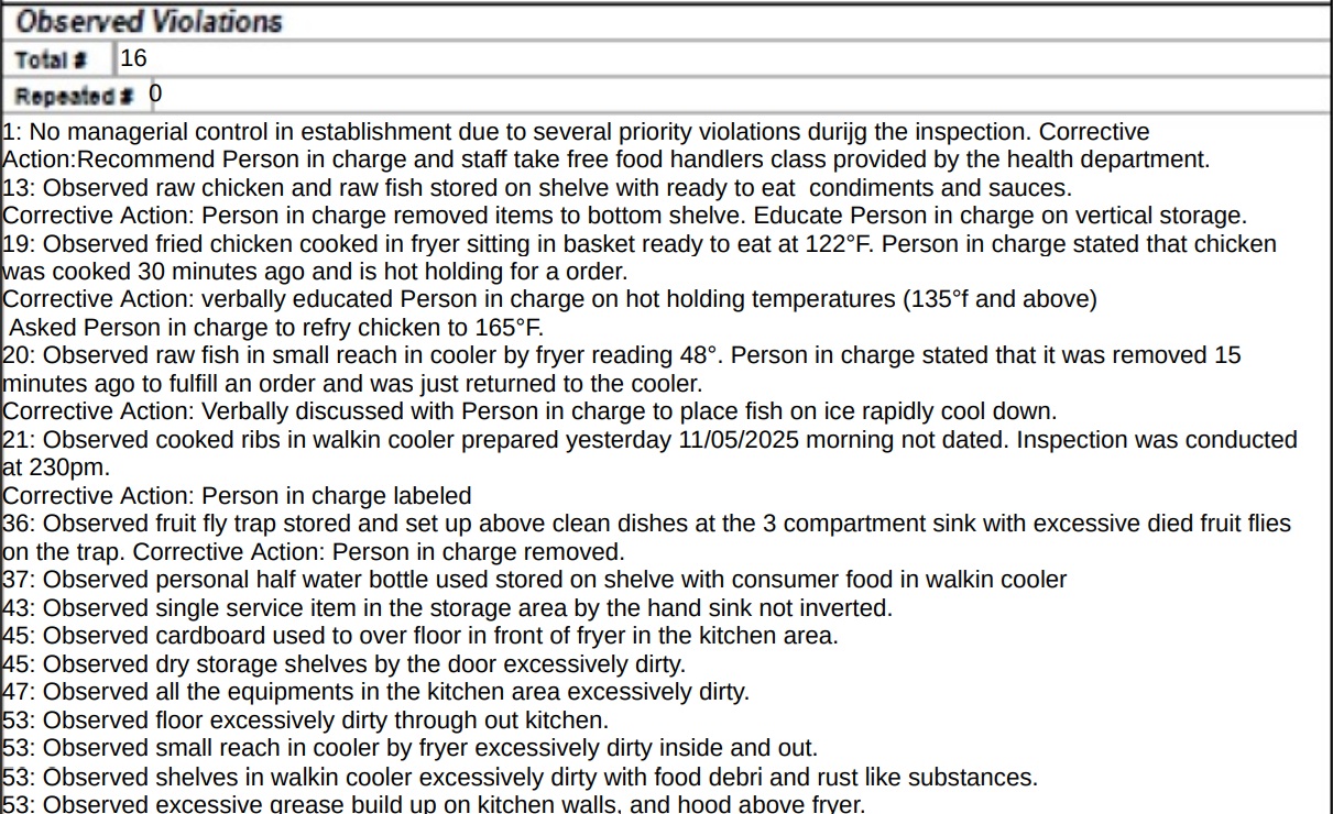 Raw fish in the small reach-in cooler near the fryer was found at 48°F. The person in charge said it had been taken out for an order and just returned to the cooler.