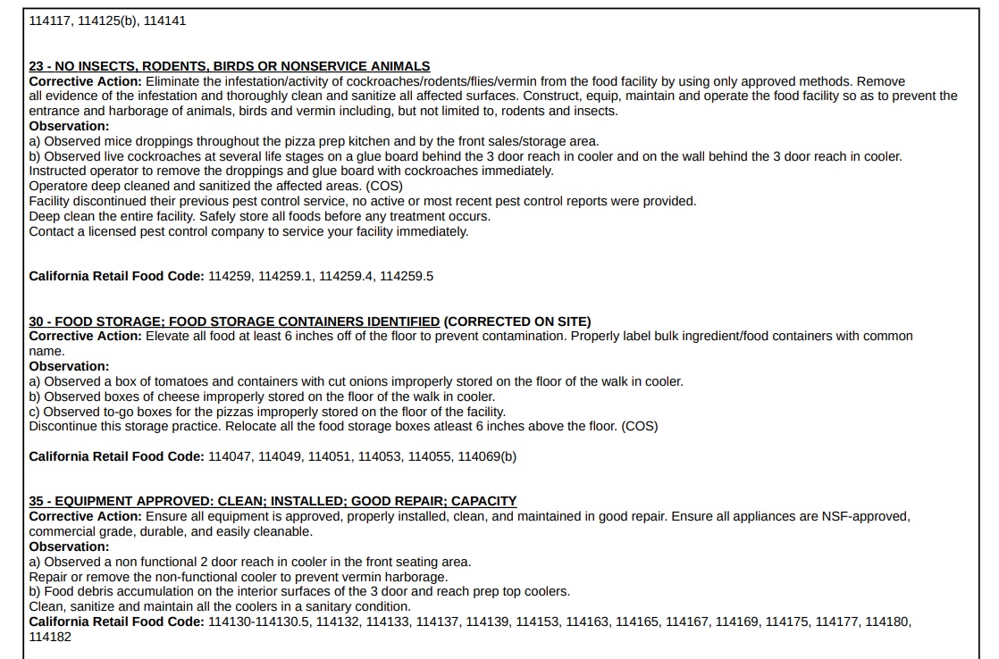 The report said inspectors observed mouse droppings throughout the pizza prep kitchen and front storage area.