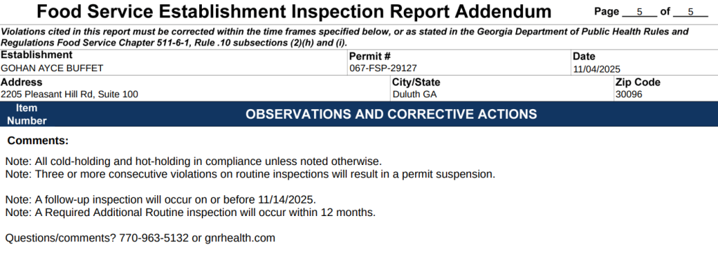 The Asian buffet will now have to undergo a follow-up inspection on or before November 14.