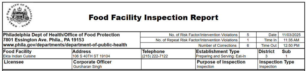 Screenshot of the inspection report of Ekta Indian Cuisine