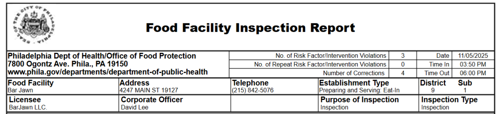 Screenshot of the inspection report of Bar Jawn