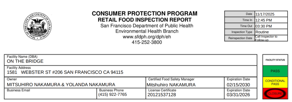 Screenshot of the health inspection report of On the Bridge (Source: inspections.myhealthdepartment.com/san-francisco)