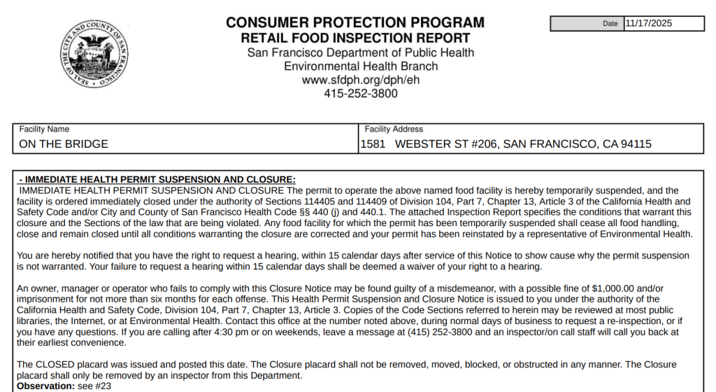 Screenshot of some of the violations cited at On the Bridge (Source: inspections.myhealthdepartment.com/san-francisco)