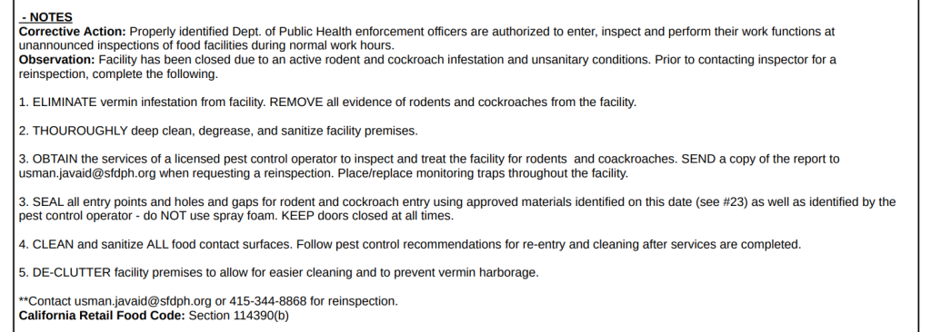 Screenshot of final note and corrections expected by the restaurant to address (Source: inspections.myhealthdepartment.com/san-francisco)