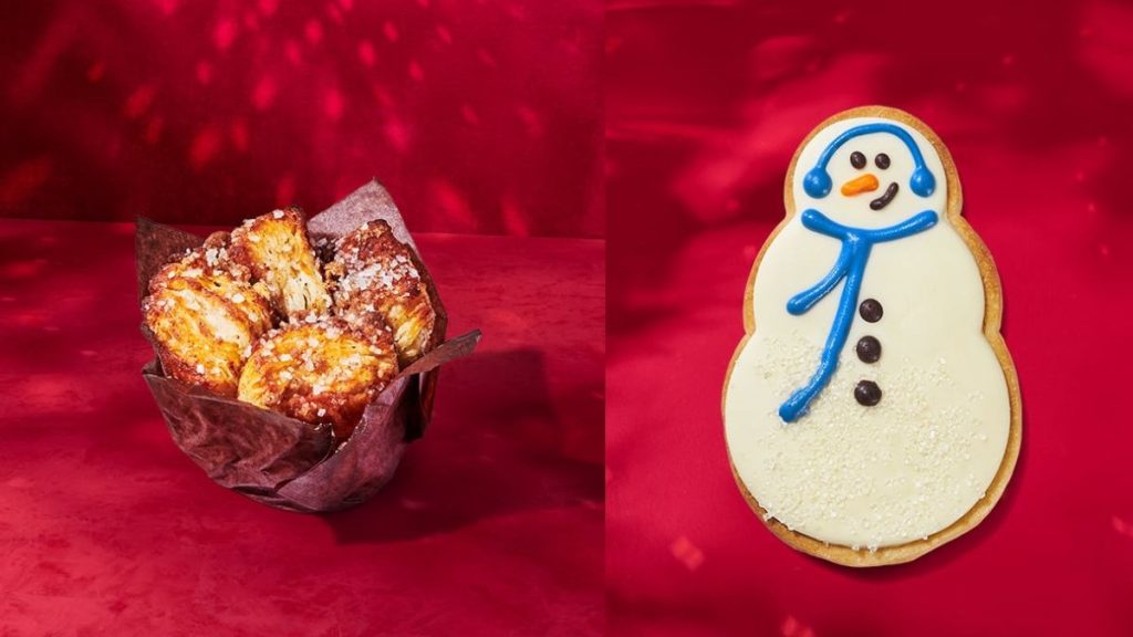Image of cinnamon pull-apart on the left and snowman cookie on the right