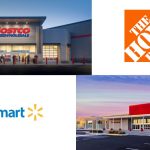 Target and Costco storefront, and logos of Walmart, and The Home Depot