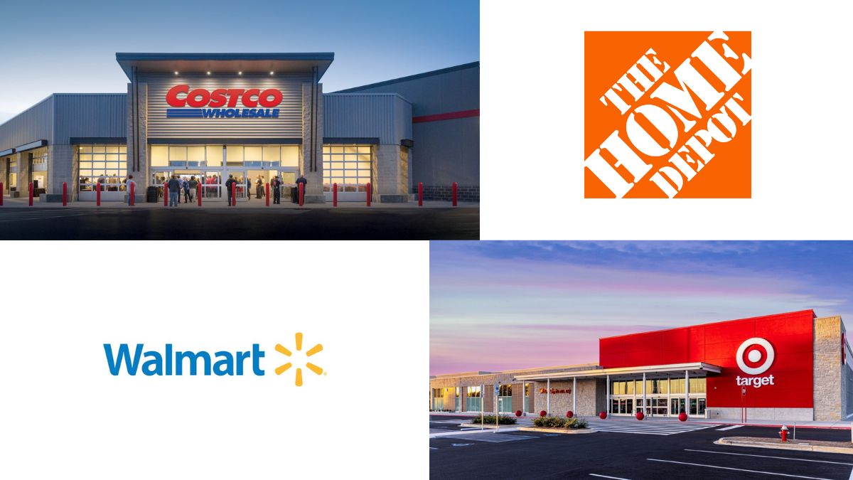 Target and Costco storefront, and logos of Walmart, and The Home Depot