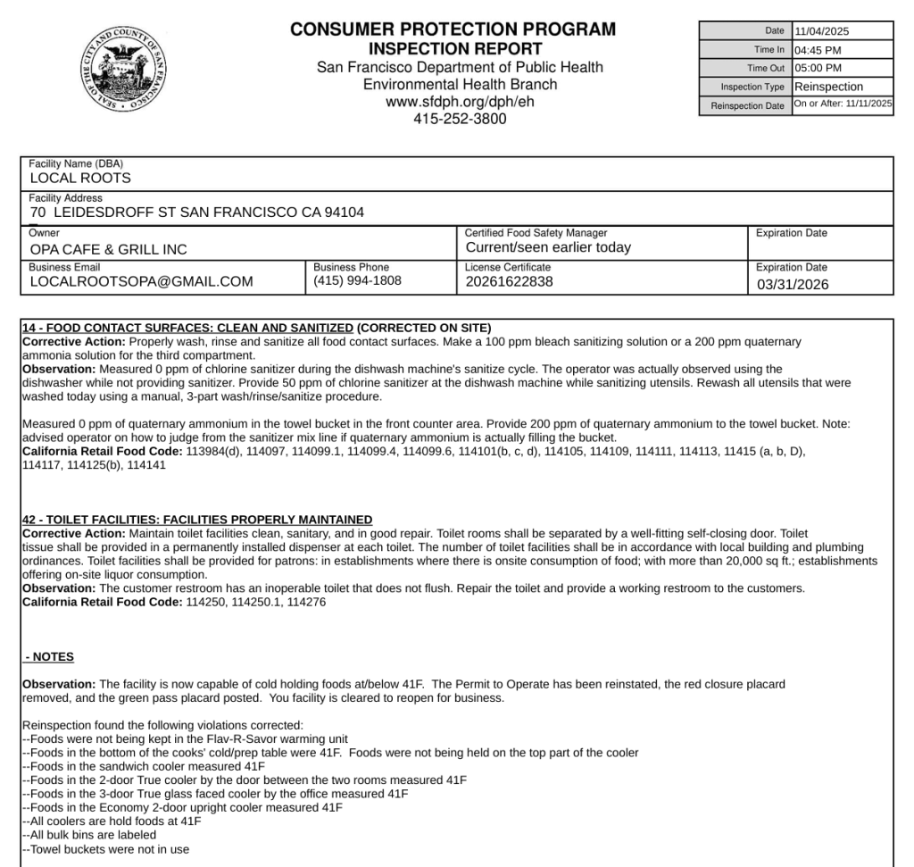 Local Roots in SF ordered to close due to health code violations