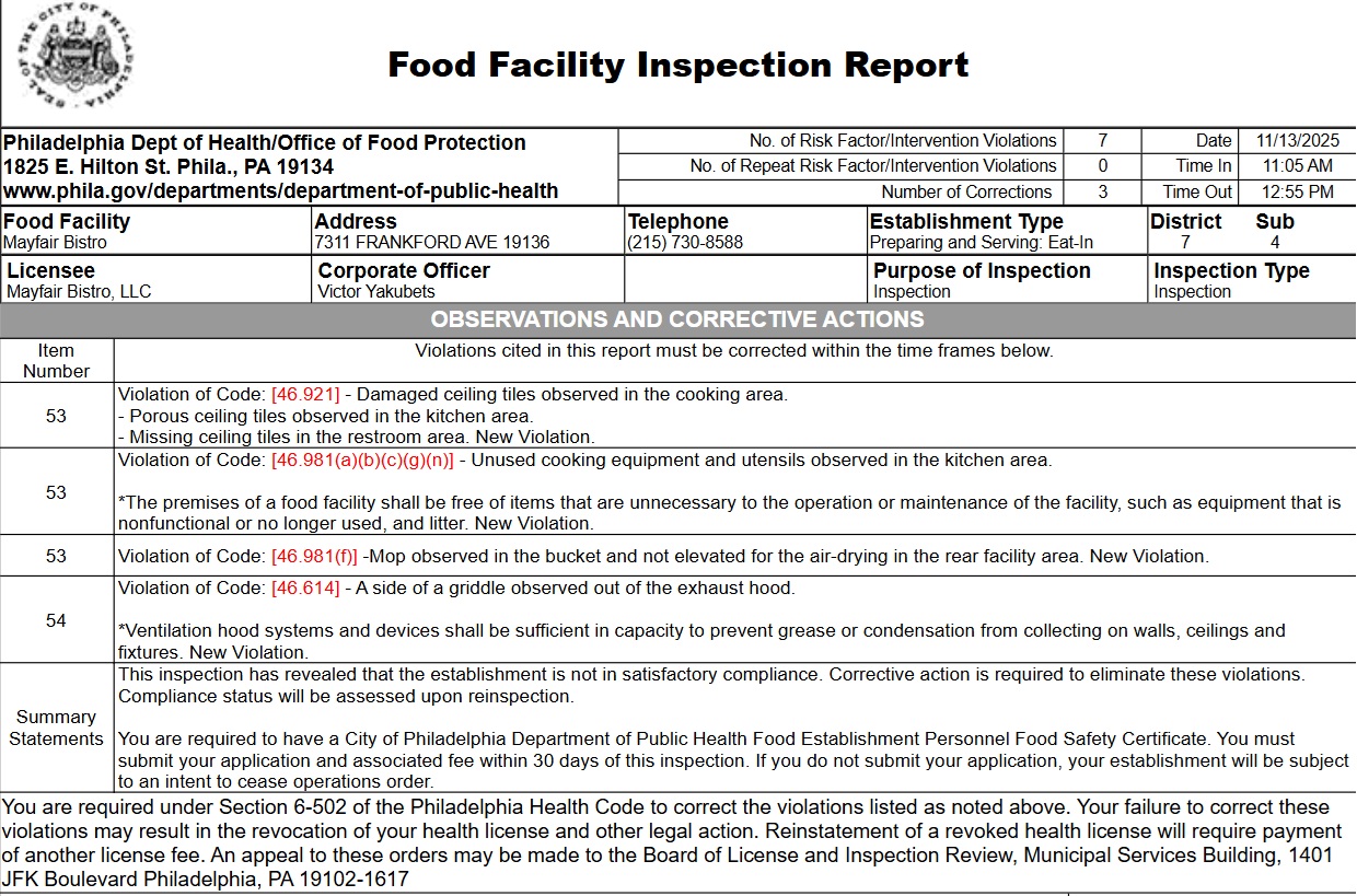 The inspection noted that the three-compartment sink’s rinse section was not clean and not set up properly for sanitizing utensils, with debris present.