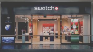 The newly opened Swatch store features an airy, modern interior