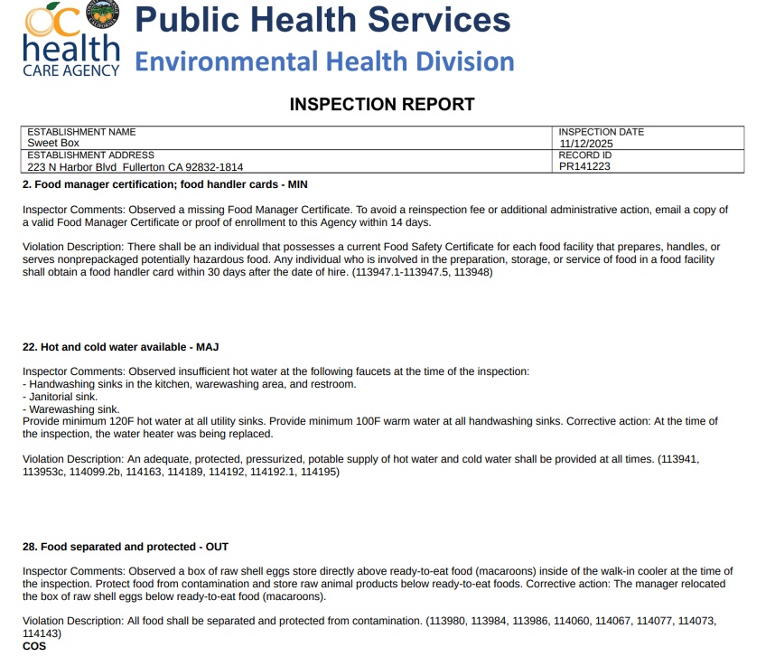 The report said inspectors found no cold water at the janitorial sink and warewashing sink, requiring repairs to ensure a proper water supply.