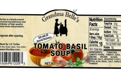 Lil’ Turtles has issued a voluntary recall of its Grandma Belle’s Tomato Basil Soup due to undeclared milk. 