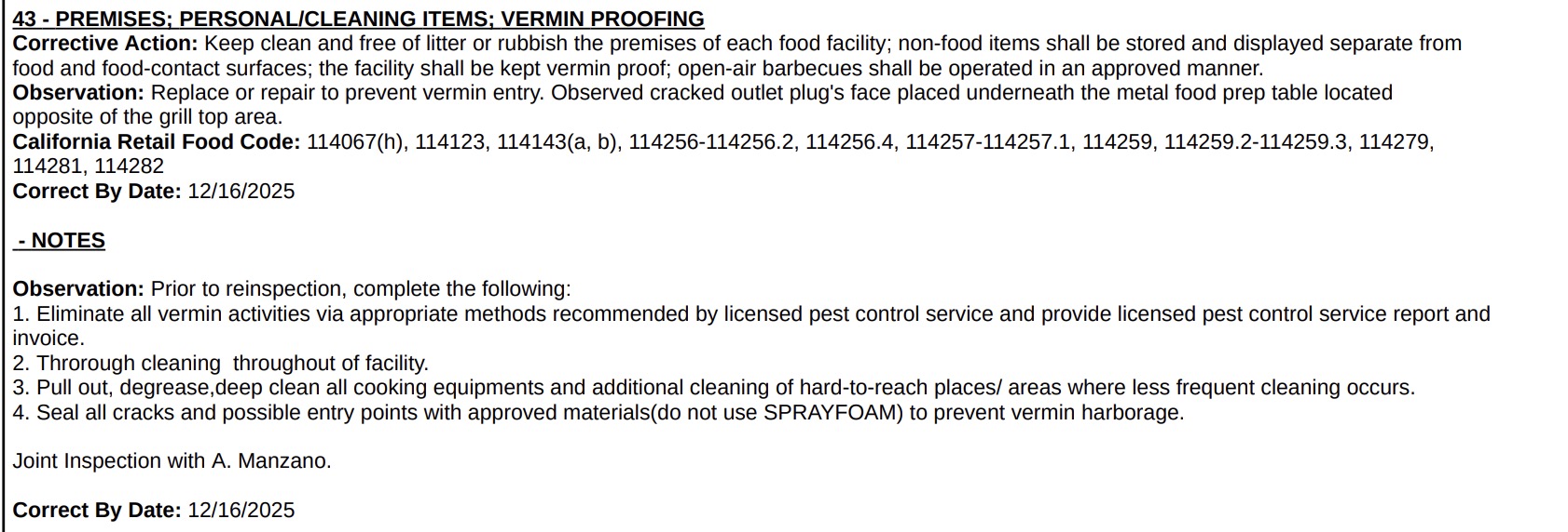 A cracked outlet face beneath a prep table was also identified as a potential vermin entry point.