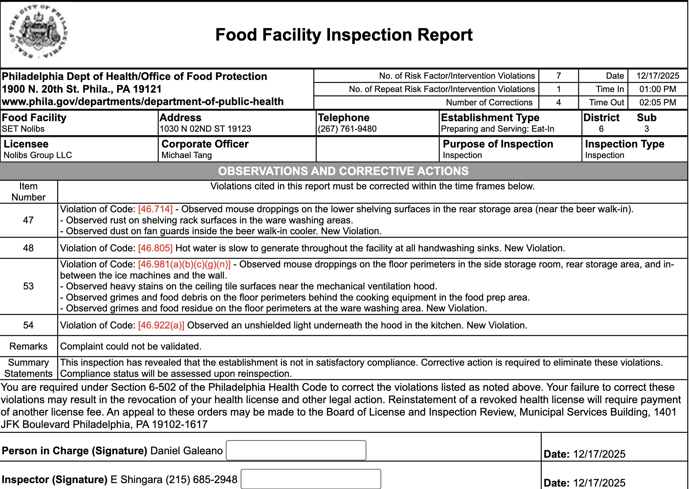 Food was not stored at least 6 inches off the floor in the walk-in cooler.
