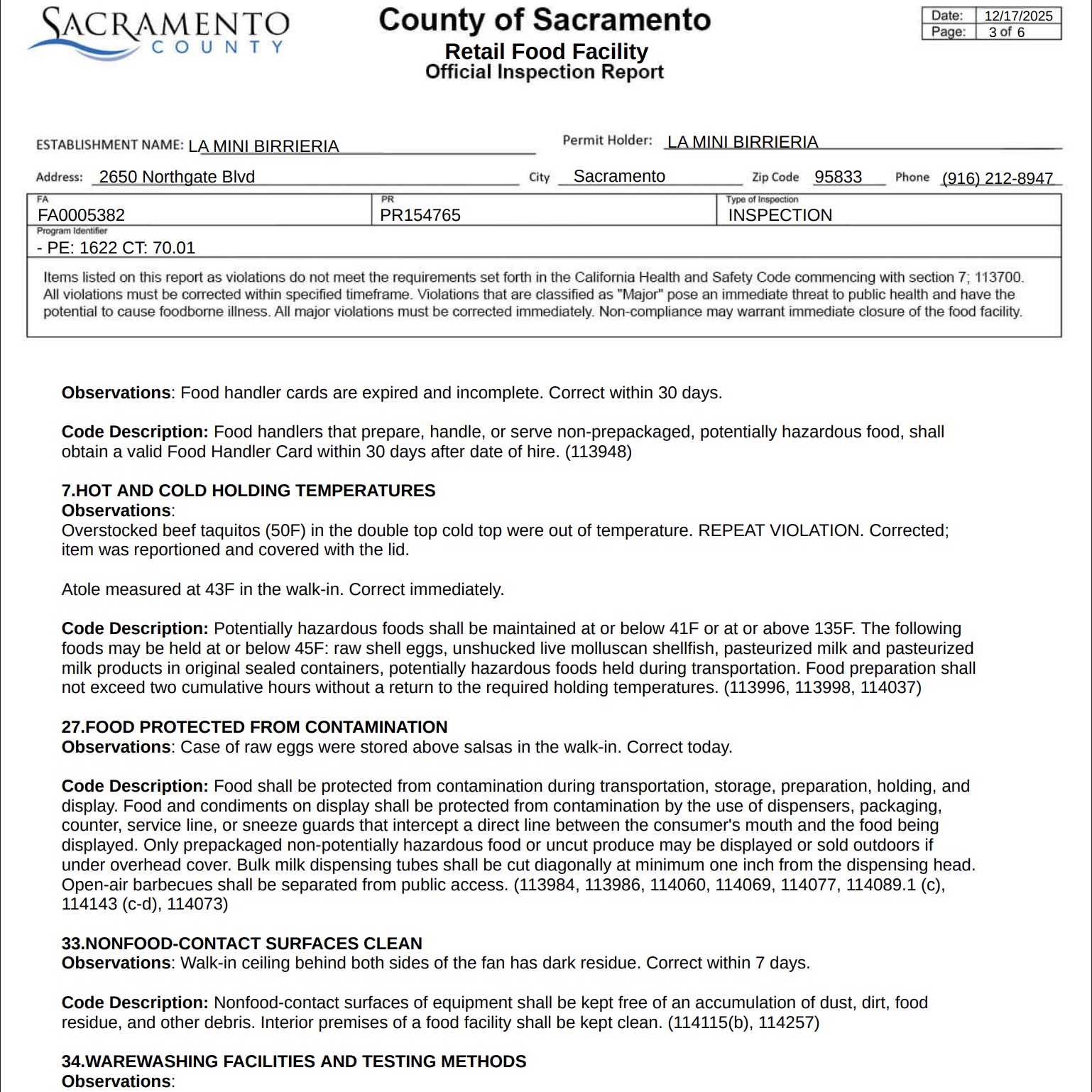 The report stated that employees did not follow proper warewashing procedures.