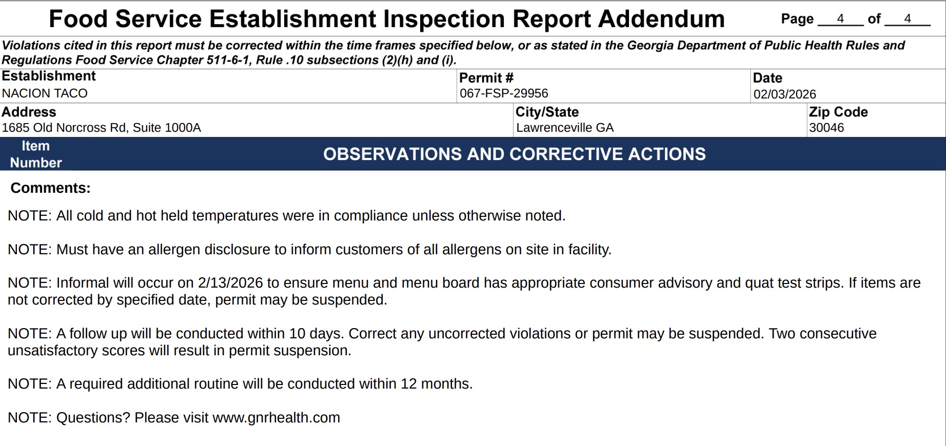 The restaurant must correct all the violations to avoid permit suspension