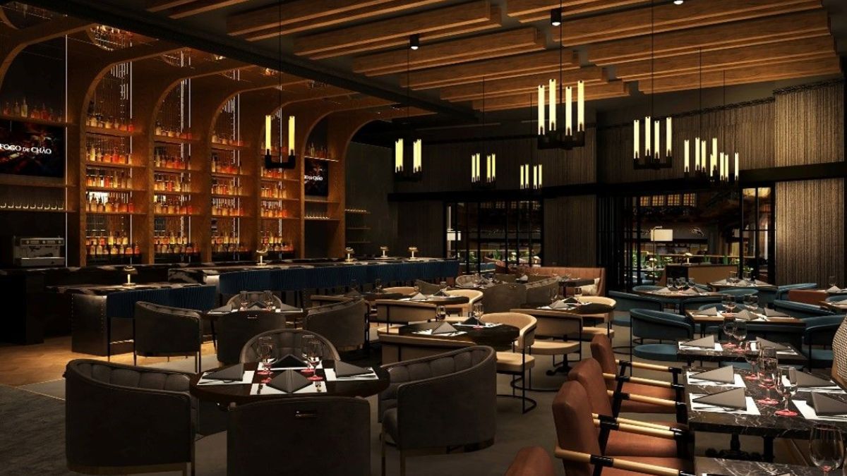 The restaurant features a nutritious Market Table and a lively indoor Bar Fogo area for private dining spaces and all-day happy hour