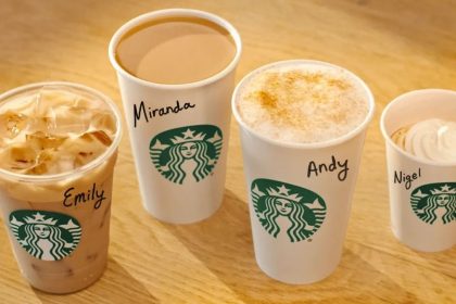 This image shows four new drinks at Starbucks inspired by The Devil Wears Prada 2
