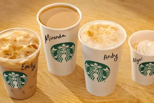 This image shows four new drinks at Starbucks inspired by The Devil Wears Prada 2