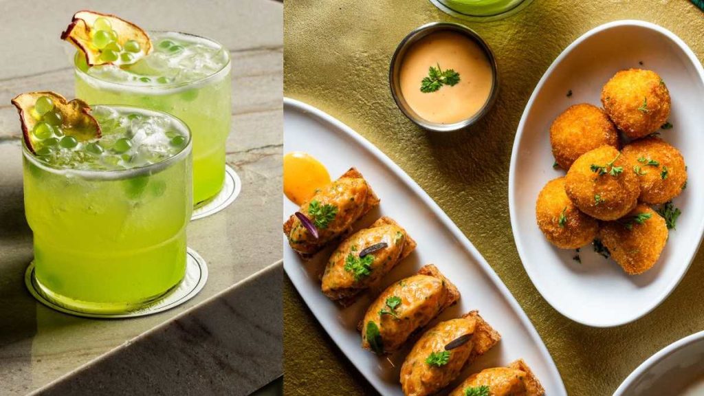 This image shows cocktails and food served at Upside