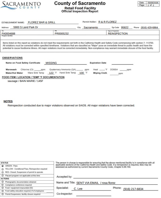 Florez Bar and Grill reinspection report screenshot