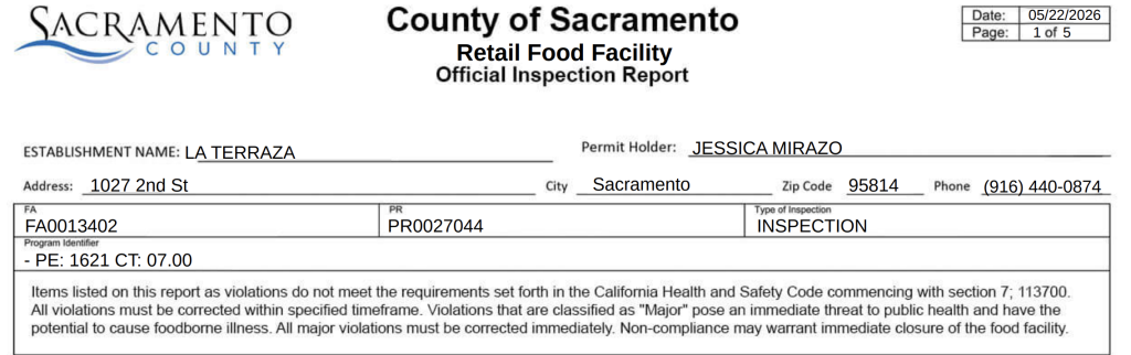 A screenshot of La Terraza inspection report