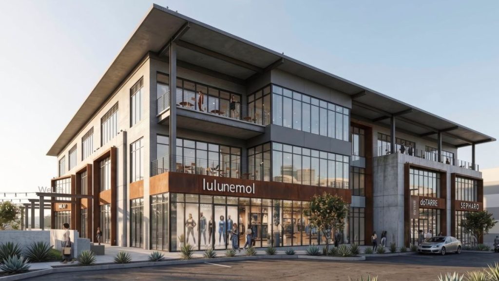 Side rendering image of a building at UnCommons. Business names are not real entities and are used as placeholders