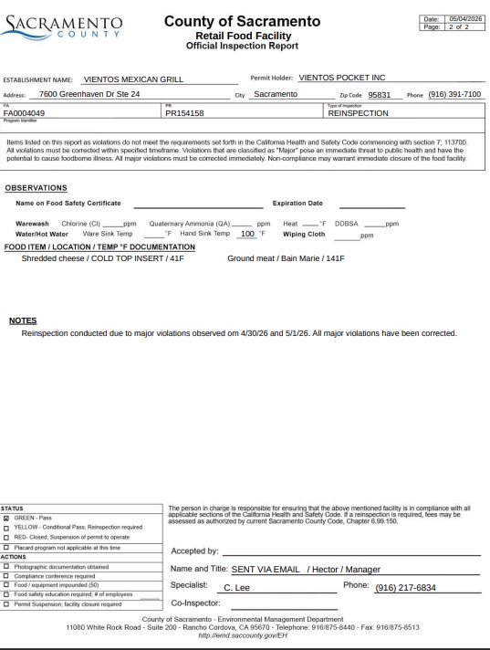 Screenshot of Vientos Mexican Grill reinspection report