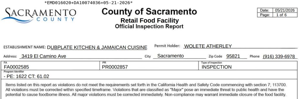 Dubplate Kitchen and Jamaican Cuisine inspection report screenshot