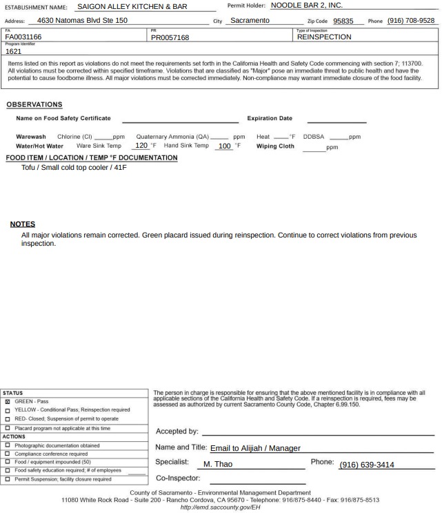 Saigon Alley Kitchen and Bar reinspection report screenshot